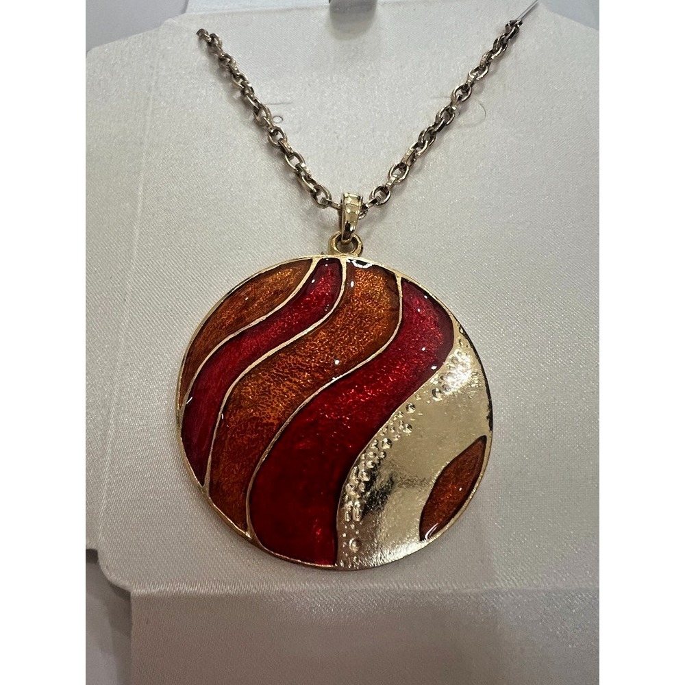 Enamel Inlay Pendant Gold Tone Necklace Red Brown‎ Swirl Abstract Artisan NOS